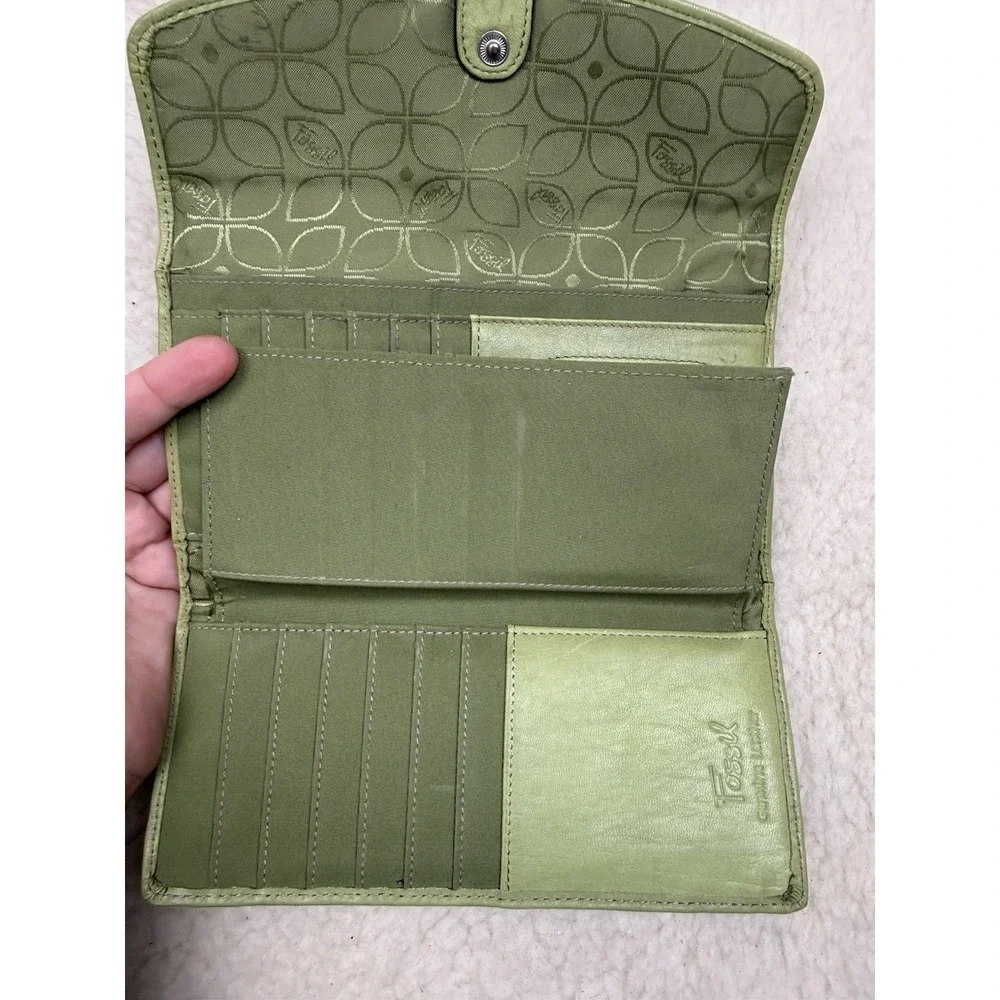 Vintage Y2K Fossil Spring Green Leather Trifold Wallet Organizer Retro 2000s
